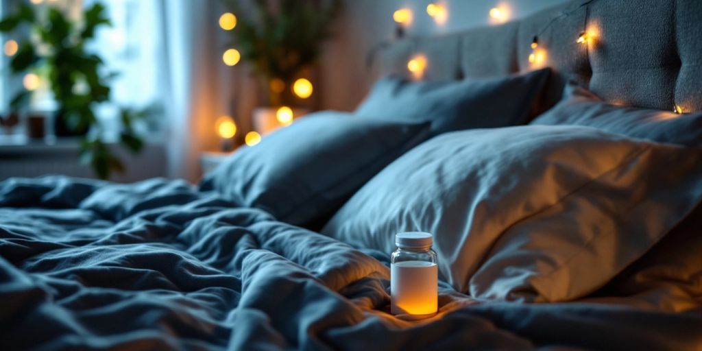 Cozy bedroom with sleep supplements on bedside table.