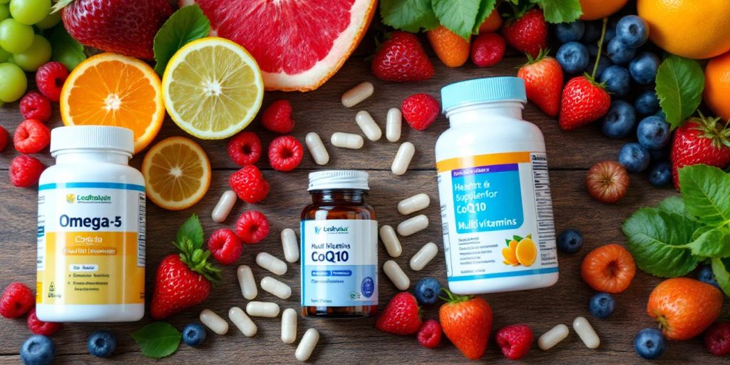 Colorful heart health supplements with fresh fruits.