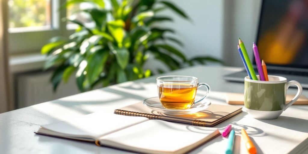 Bright workspace with tea, notebook, and plants.