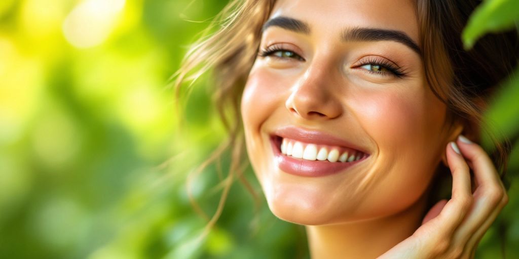 Young woman with glowing skin in natural light.