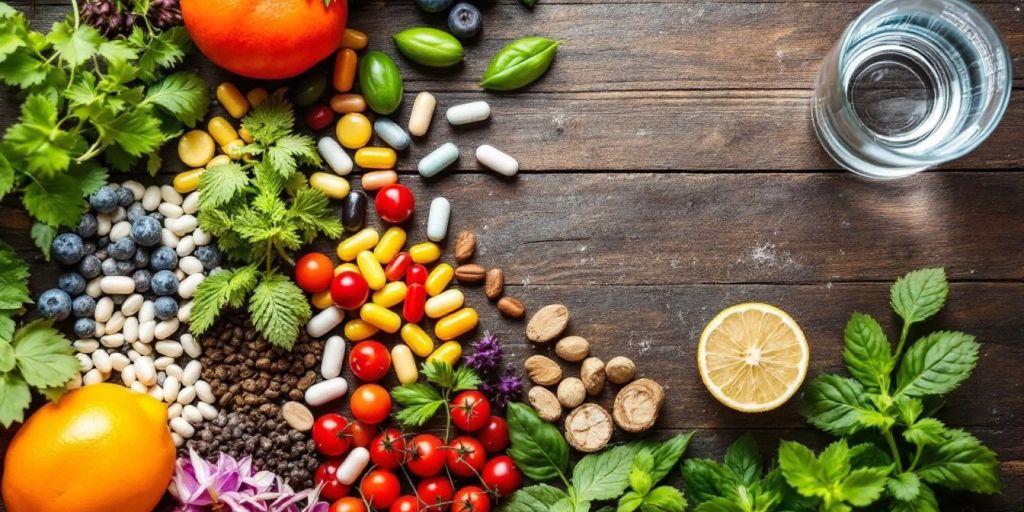 Colorful supplements and herbs on a wooden table.