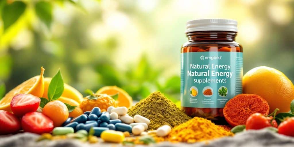 Colorful natural energy supplements on a bright background.