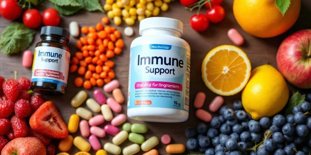 Colorful immune support supplements and fresh fruits on wood.