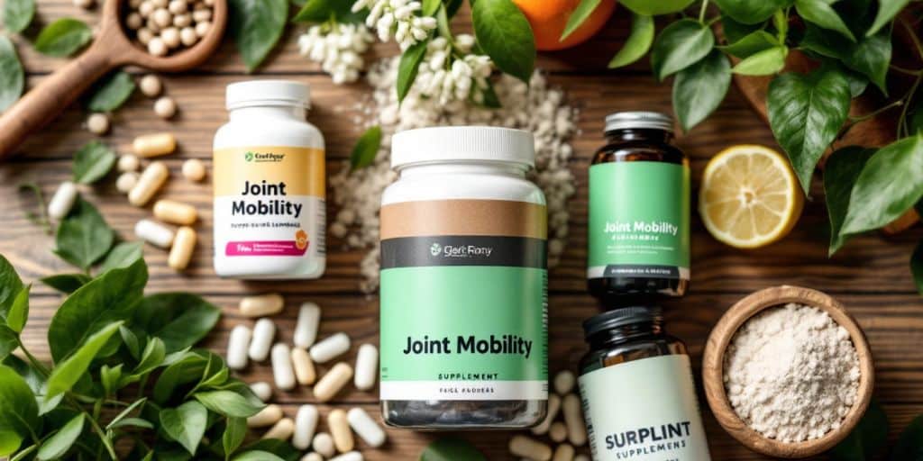 Assorted joint mobility supplements on a wooden surface.