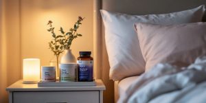 Cozy bedroom with sleep supplements on nightstand.